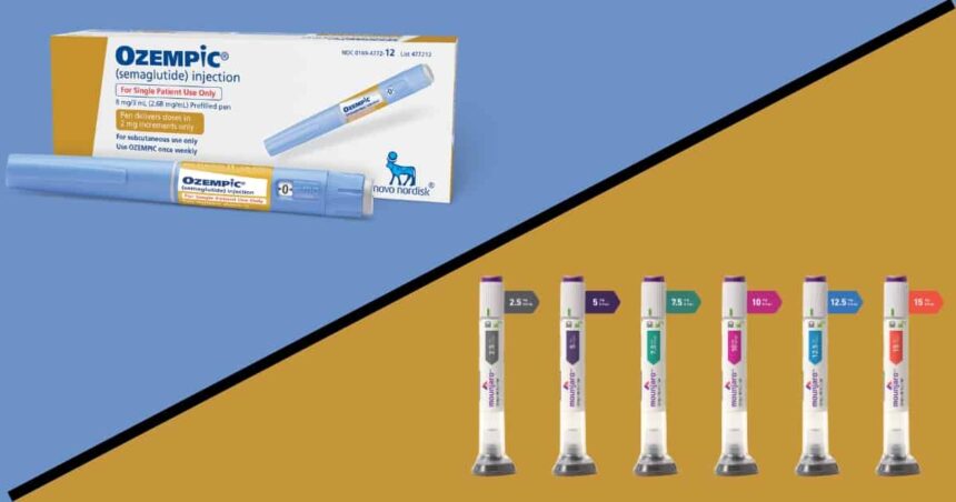 Image of an Ozempic package and Mounjaro pens with a divider between them