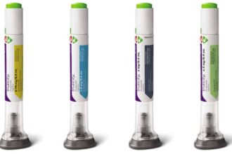 Four Trulicity pens on a white background